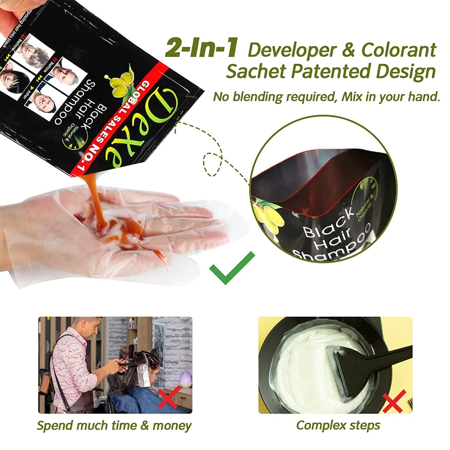Instant Hair Dye - Black Hair Shampoo - (3) Black Colour - Simple to Use - Last 30 days - Natural Ingredients