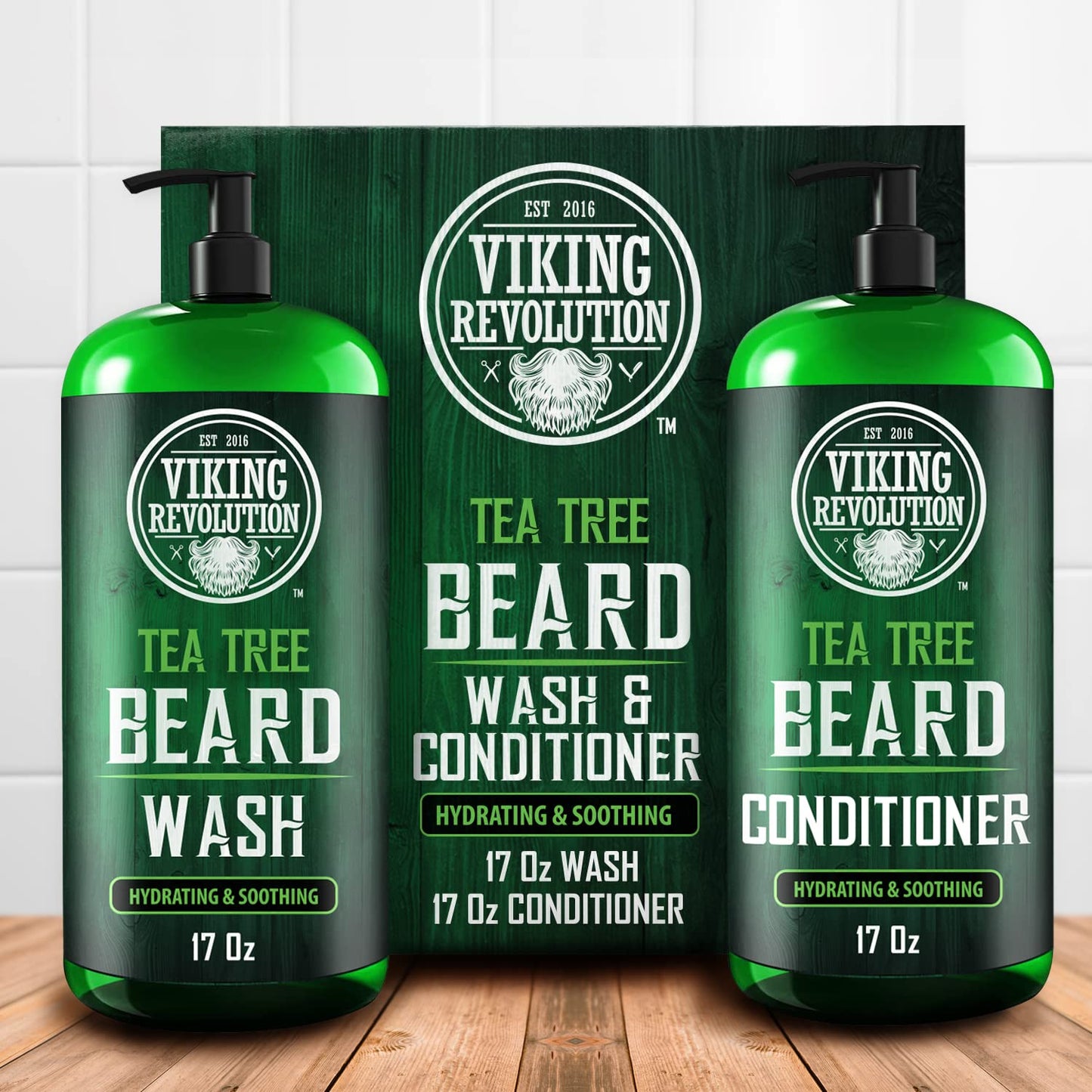 Viking Revolution Tea Tree Oil Beard Wash and Beard Conditioner For Men - Natural Beard Softener Set with Argan Oil, Vitamin E and Ginseng - Beard