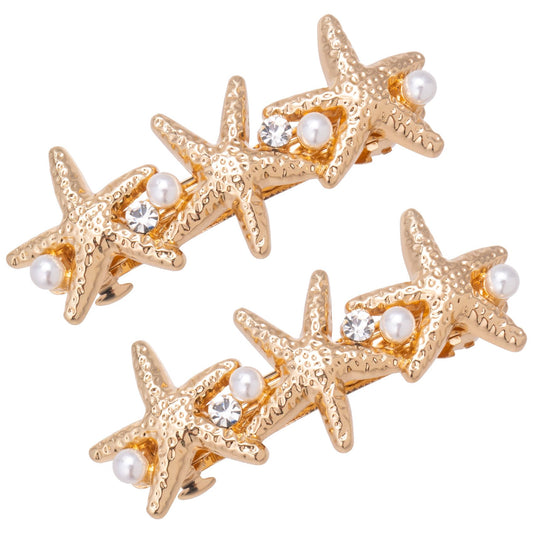 HINZIC 2Pcs 2.6inch Starfish Hair Clips Gold Crystal Rhinestone Pearl Hair Barrettes Sparkly Mermaid Seastar Halloween Christmas Wedding Prom
