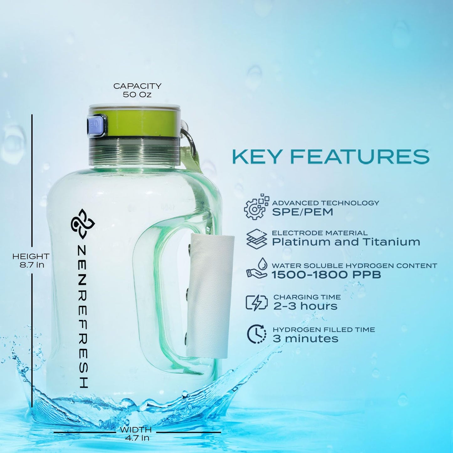Zen Refresh 50 Oz Hydrogen Water Bottle, 2024 New SPE/PEM Technology, Large Gym Hydrogen Bottles, Travel Hydrogen Water Bottle Generator With Straw