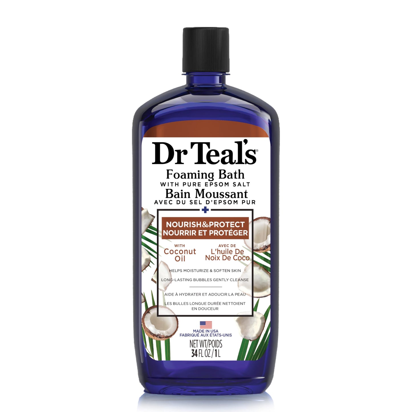 Dr. Teal's Coconut Oil Foaming Bath with Pure Epsom Salt (1 Bottle, 34 oz) - Essential Oils Nourish & Protect your Skin - Relieve Stress & Revitalize