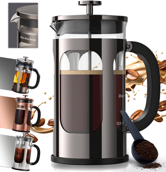 BAYKA 34oz French Press Coffee Maker – Borosilicate Glass & Stainless Steel, Large Portable Cold Brew Cafetera for Kitchen & Travel, Dark Pewter