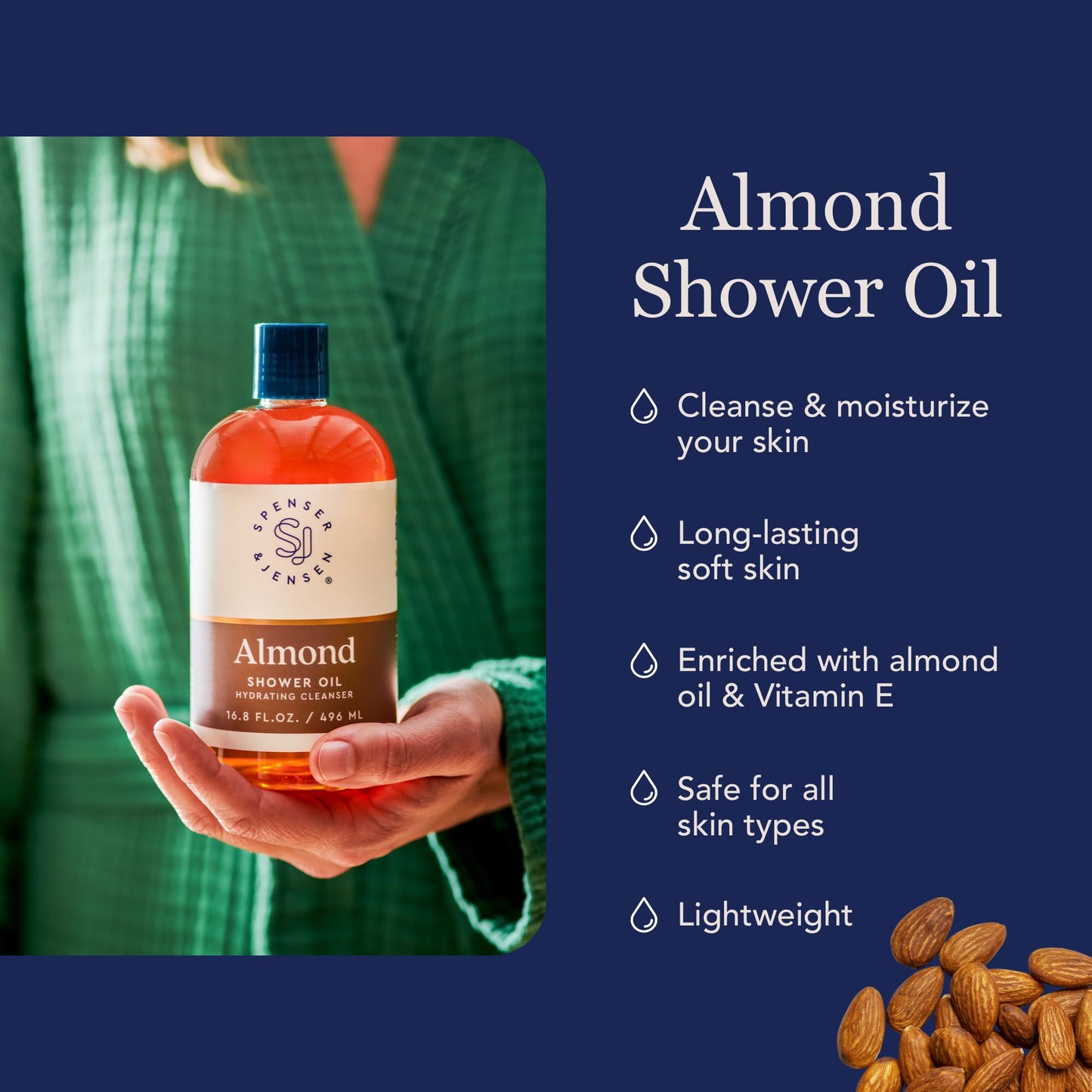 Spenser & Jensen Hydrating Almond Shower Oil - Body Wash for All Skin Types - Almond Oil Shower Gel for Women and Men - Rich in Vitamin E Oil