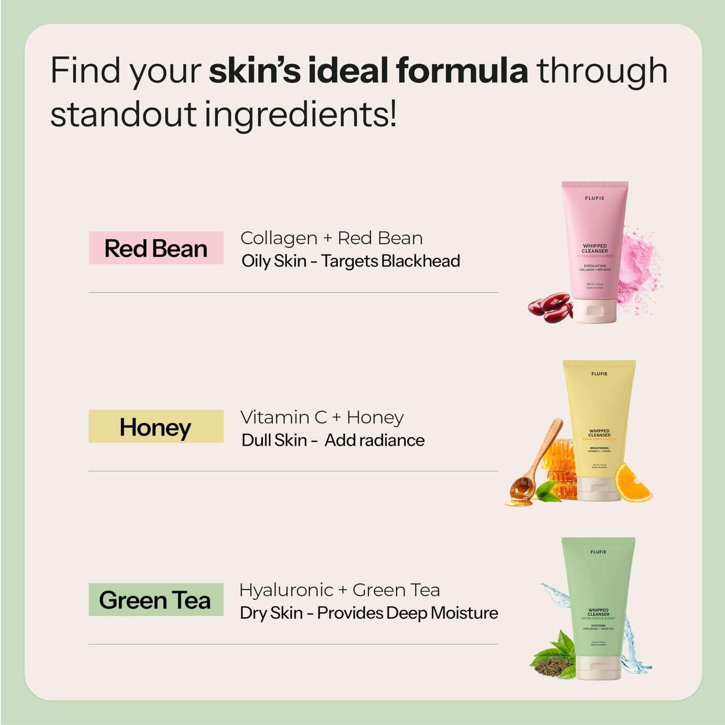 Flufie Whipped Facial Cleanser with Hyaluronic Acid & Green Tea - Deep Hydration & Gentle Pore Care - Dermatologist Tested, Anti-Aging, Korean Skin