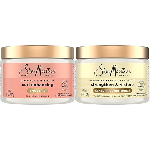 SheaMoisture Leave-In Conditioner Bundle, Coconut & Hibiscus Curl Enhancing Smoothie for Curly Hair, Frizz Control + Jamaican Black Castor Oil
