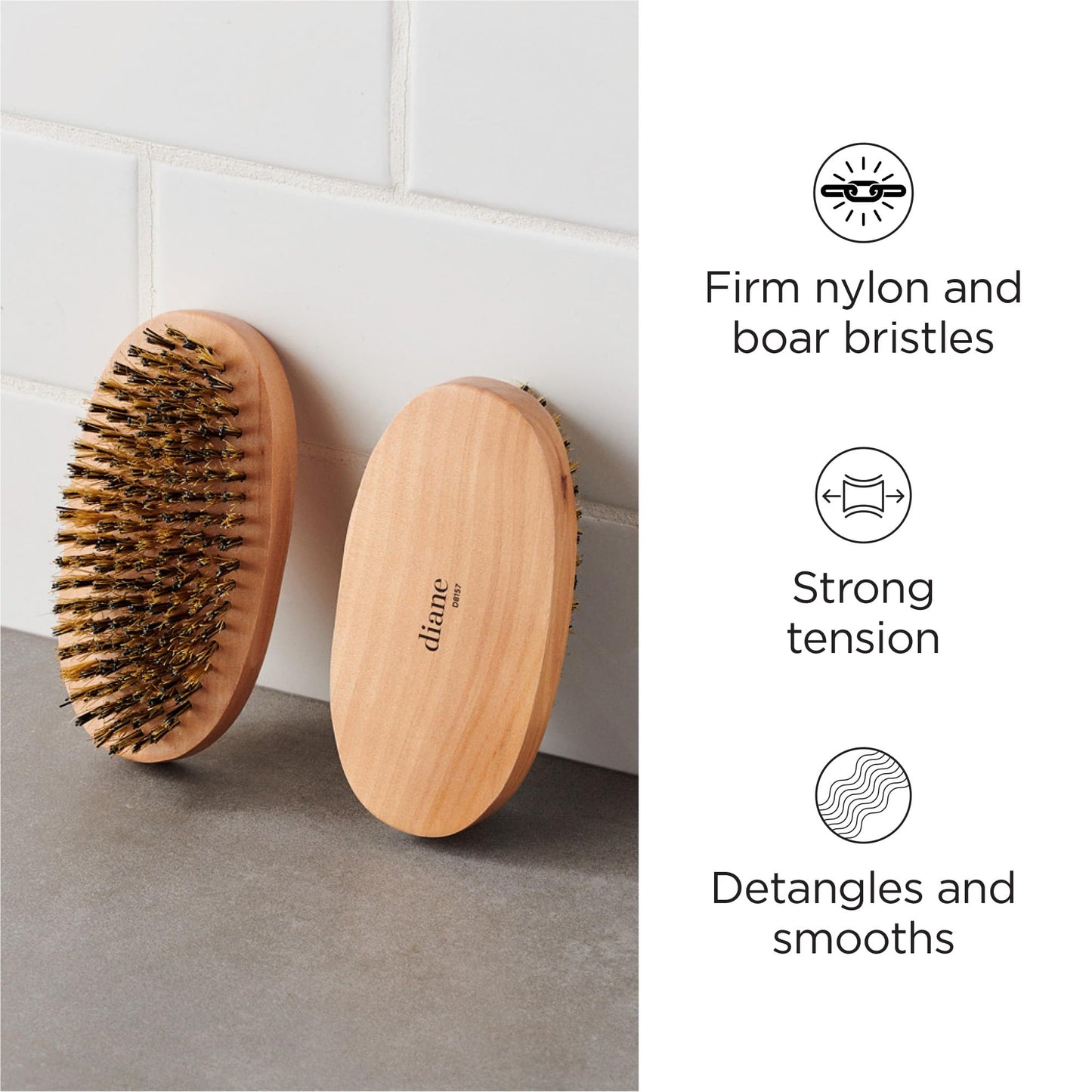 Diane Reinforced Boar Bristle Military Wave Brush for Men and Barbers - Hard Bristles for Thick to Coarse Hair - Use for Detangling, Smoothing, Wave