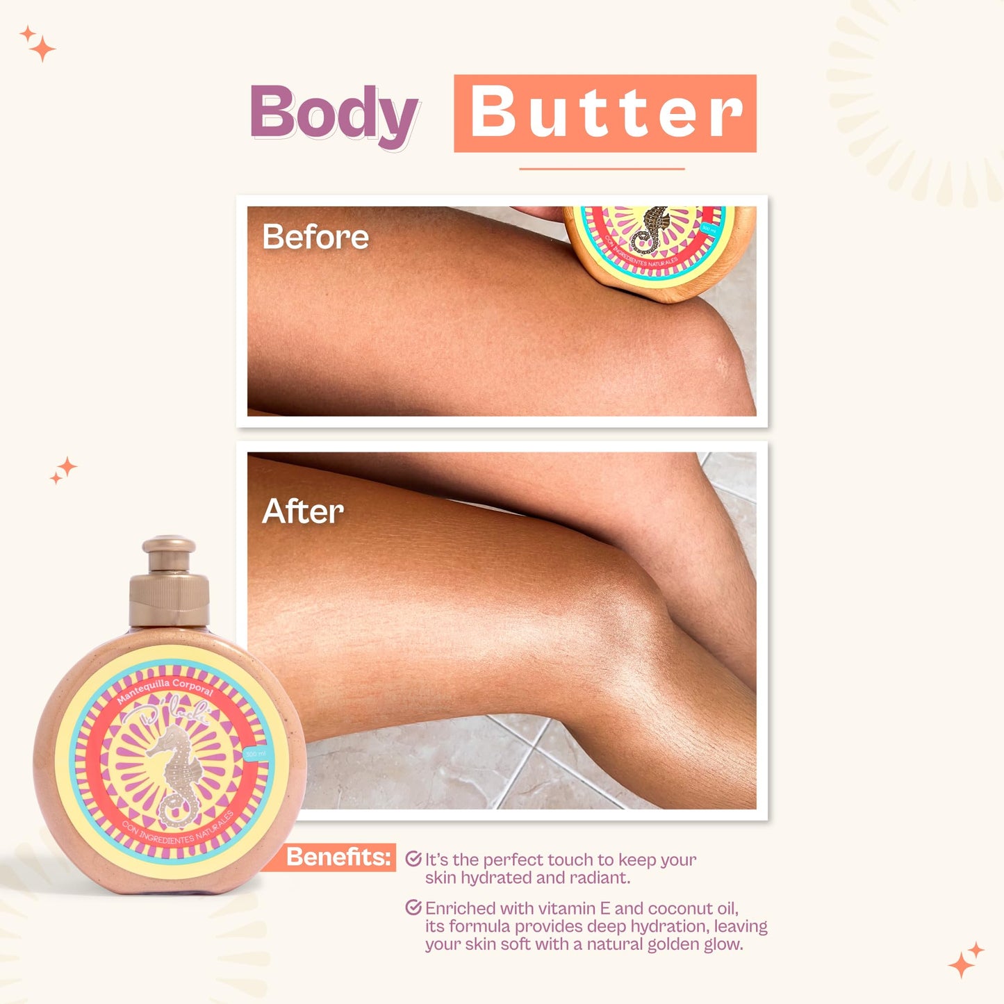 Kaba D'Luchi Body Butter Made With Natural Coconut Oil and Vitamin E, Provides Intense Nourishment & Hydration, Moisturize Skin, With Golden Glitter