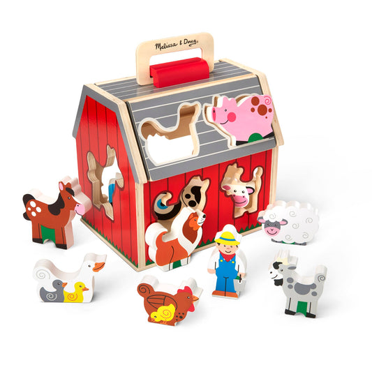 Melissa & Doug Wooden Take-Along Sorting Barn – Shape Sorting Farm Toy with 10 Wooden Pieces, Educational Learning Toy for Toddlers Ages 2+