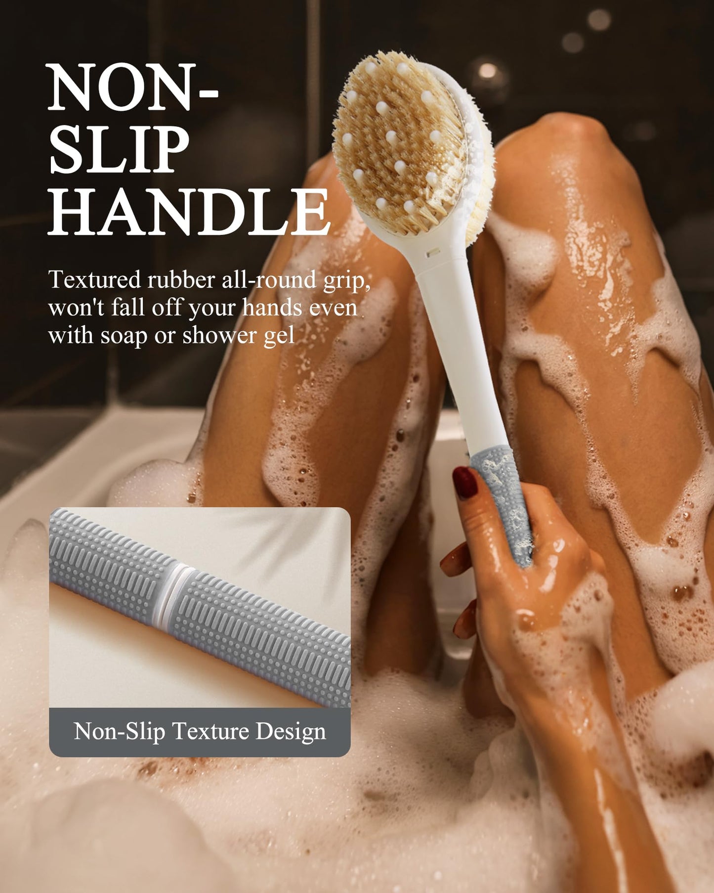 Shower Brush for Massage Dry Brushing: Back Scrubber for Shower with 18.1 in Anti Slip Long Handle - Bath Body Brush for Lymphatic Drainage Beauty and Personal Care Rafow