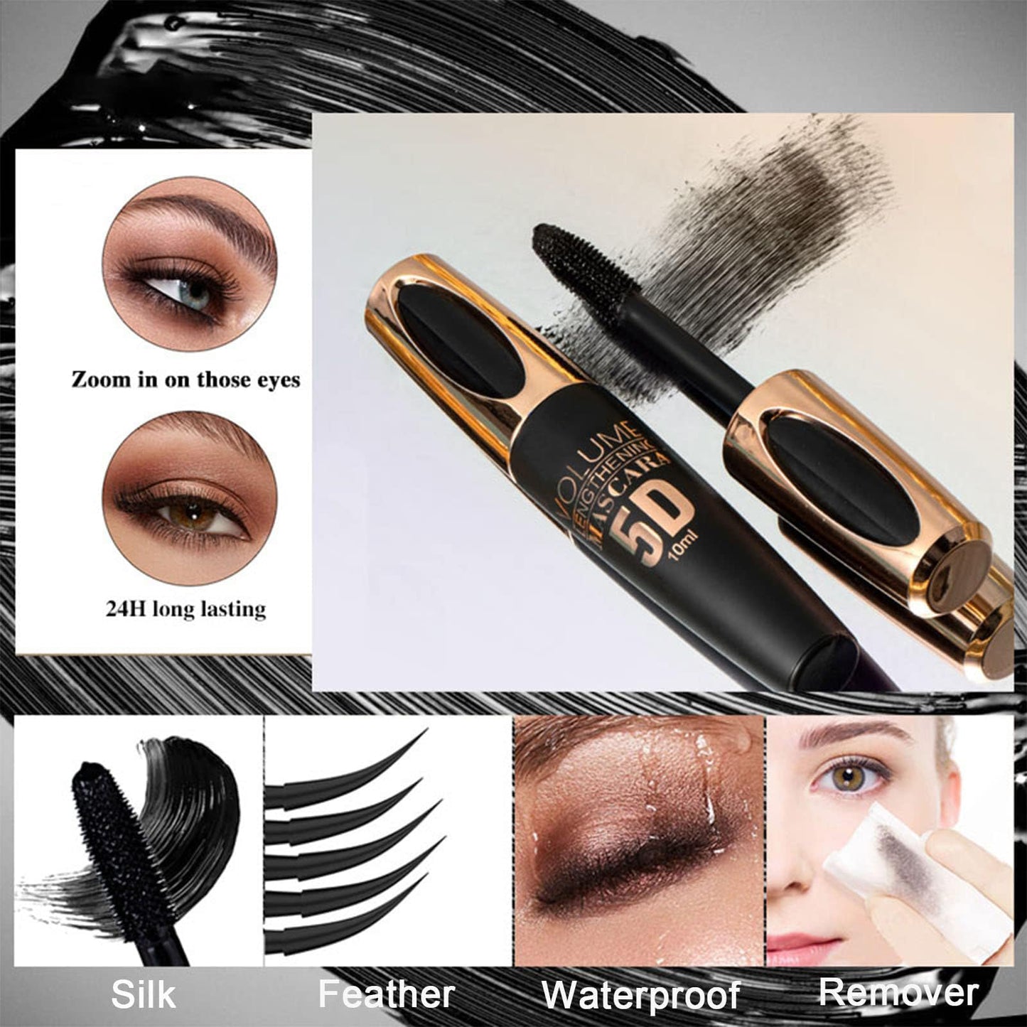 Brown Colored Waterproof Mascara - Long Lasting, Thick Eye Lash, 5D Silk Fiber, Smudge-Proof, Volumizing, Lengthening, Curling Color Mascara