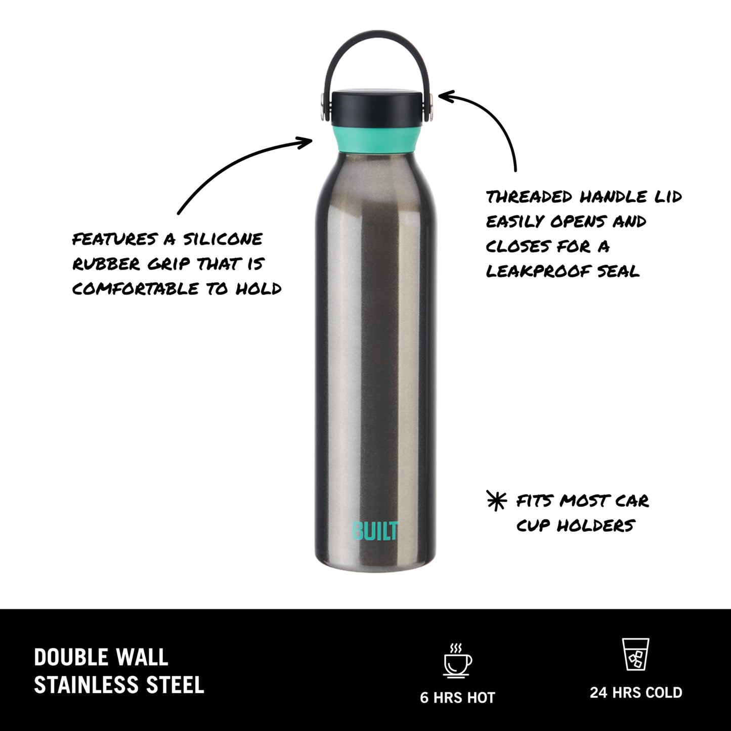BUILT 24 fl oz Double-Walled Stainless Steel Standard Mouth Cascade Bottle, Threaded Handle Lid Spill-resistant Travel Cup with Rubber Grip Keep