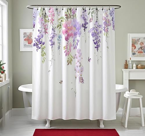 BECAN Floral Shower Curtain,Purple Wisteria Floral Polyester Fabric Waterproof Layer Thickening Shower Curtain 72X72Inches