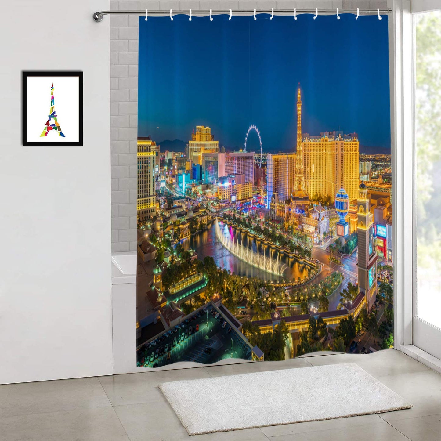 Shrahala Night USA Skyline Decorative Shower Curtain, Las Vegas Nevada Skyline Shower Stall Bathtubs Bathroom Decor Waterproof Funny 72x72 Inch