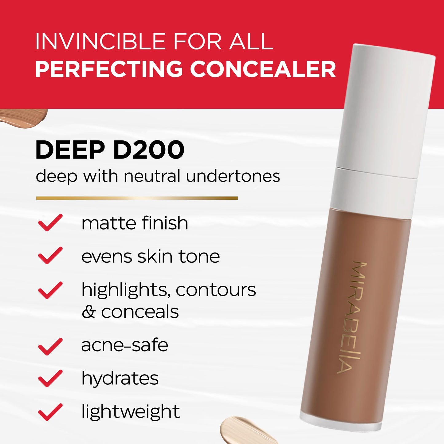 MIRABELLA - Invincible for All Perfecting Under-Eye Concealer, Full-Coverage Concealer for Dark Circles, Blemishes, Fine Lines & Wrinkles, Hydrating