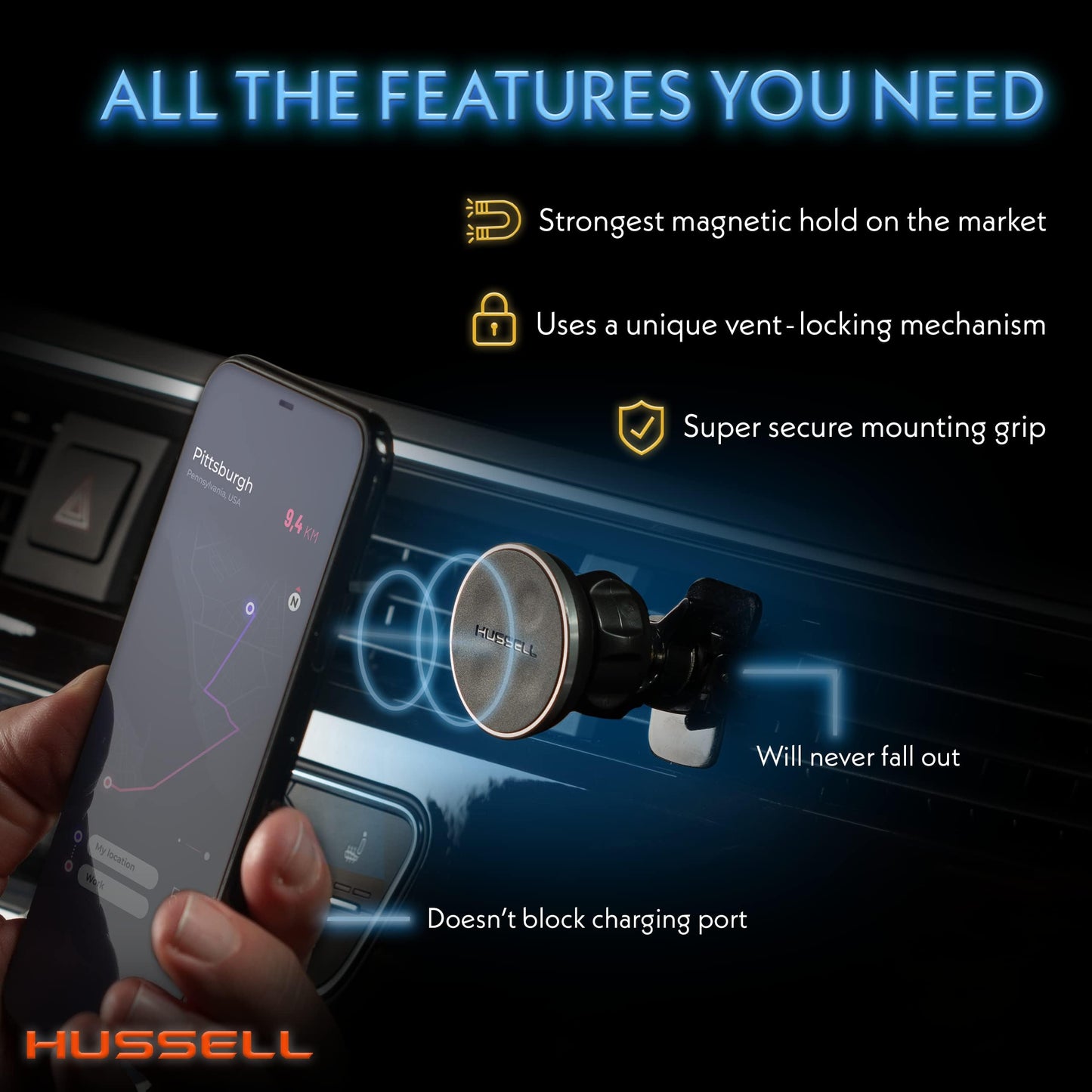 HUSSELL Magnetic Phone Car Mount, Air Vent Phone Mount for Car 360° Adjustable Universal Magnet Phone Holder - Compatible with Any Cell Phone, iPhone…