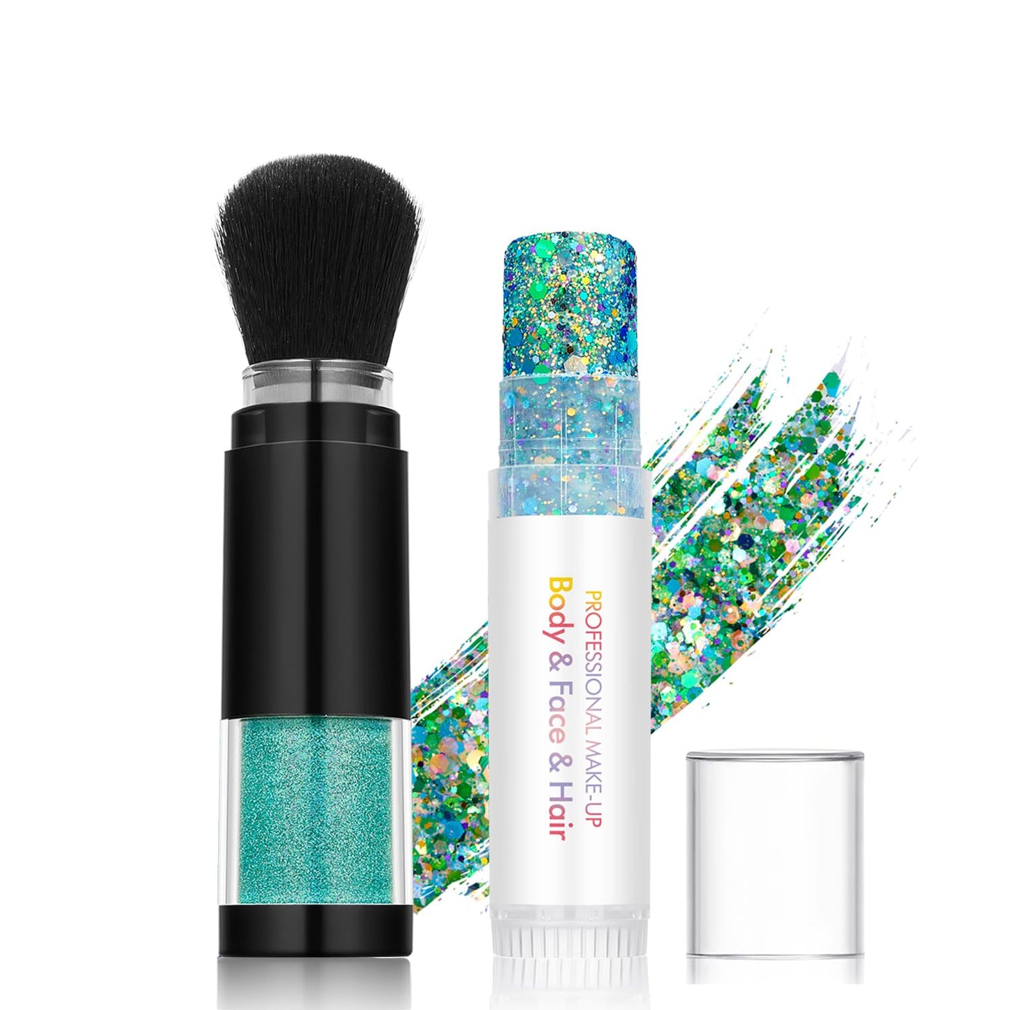 Holographic Mermaid Glitter Makeup Kit: 2-in-1 Body & Face Stick & Loose Powder with Built-in Brush for Festival, Rave, Concert, Carnival | Shimmery