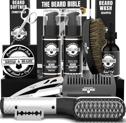Beard Straightener Grooming Kit for Men, Beard Growth Kit, Wash, Brush & Comb, Unscented Growth Oil, All Natural Sandalwood Balm, Conditioner, Razor