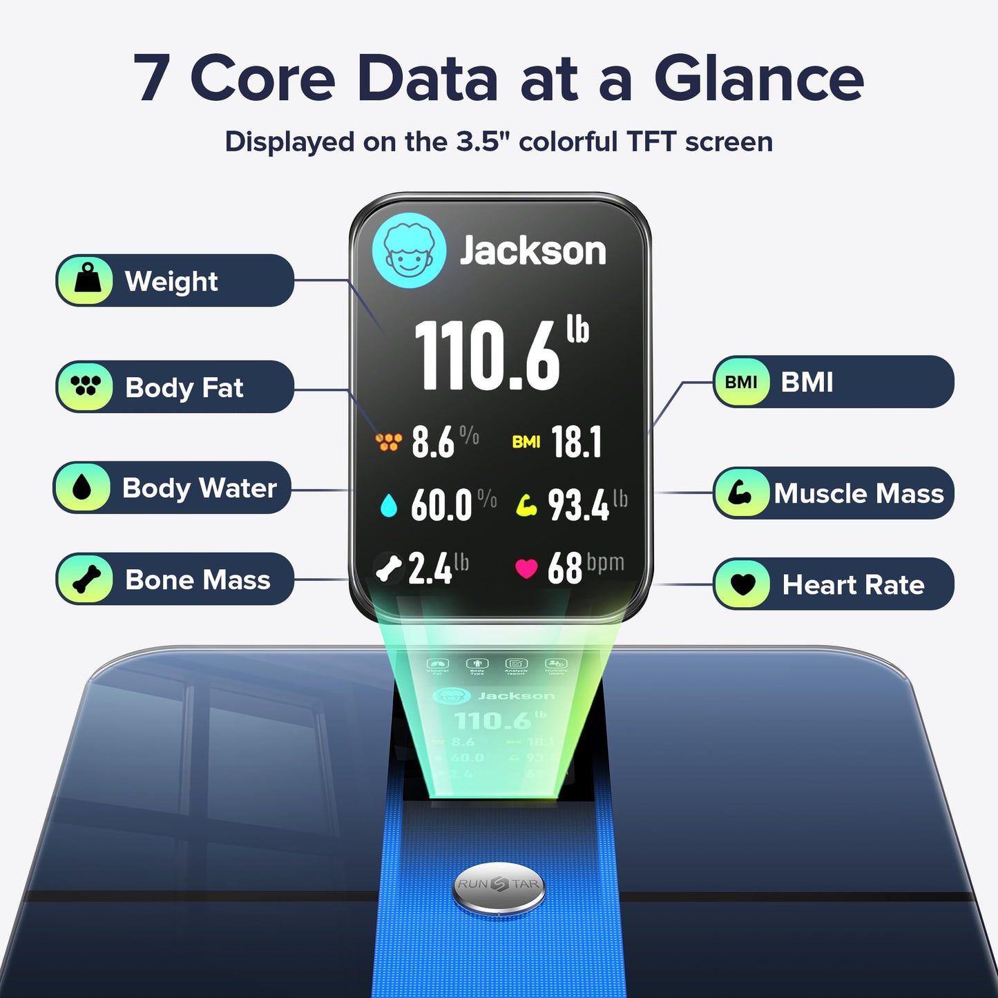 RunStar Scale for Body Weight, Precision Digital Bathroom Smart Scale with 3.5" TFT Color Large Display for BMI Muscle Mass Heart Rate, 22 Body…
