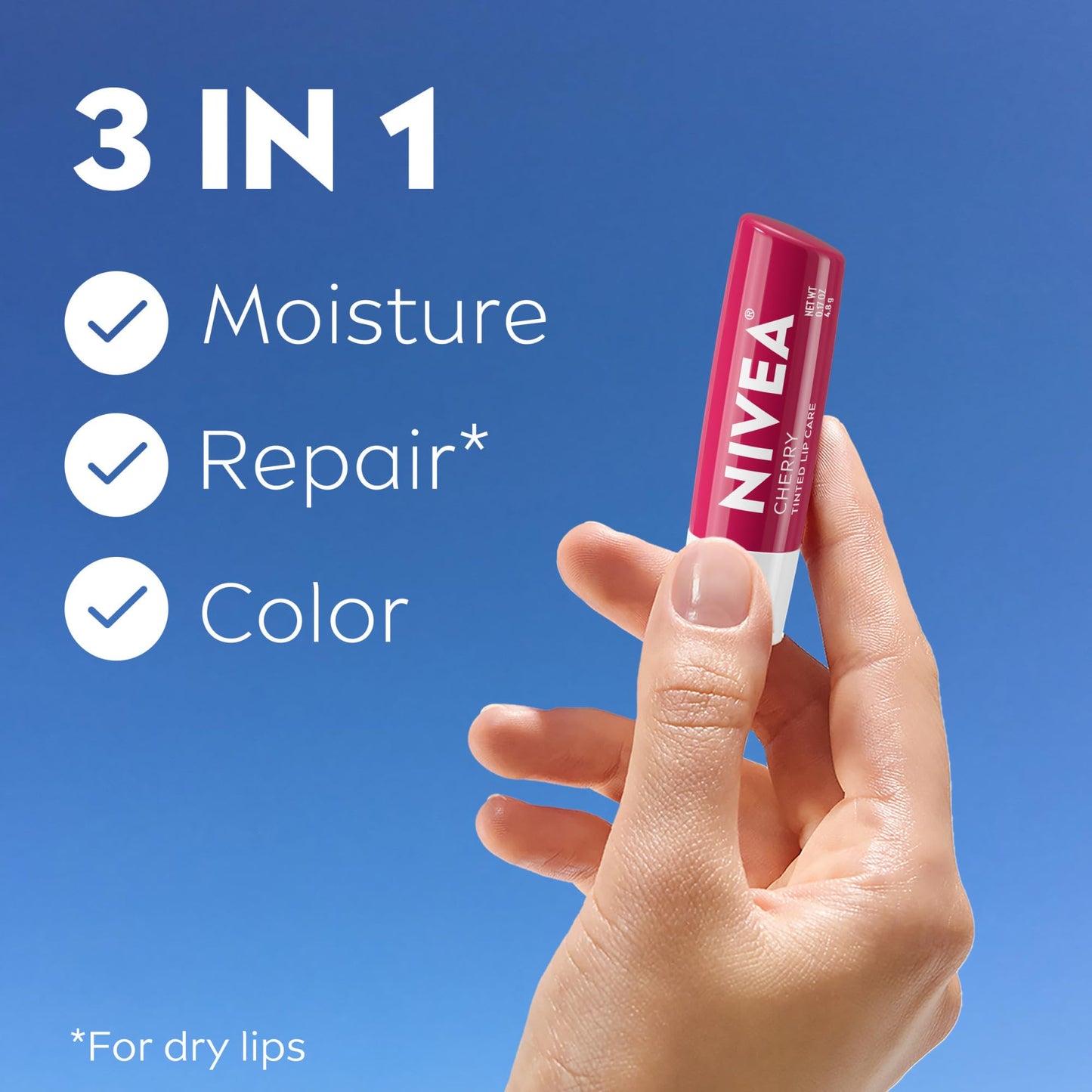 NIVEA Cherry Lip Care, Tinted Lip Balm with Shea Butter, Nourishing Oils and Vitamin C & E, 3-in-1 Moisture, Repair (for Dry Lips) and Color, 0.17 Oz