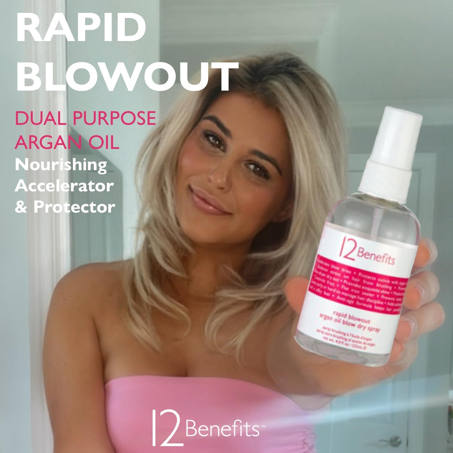 12 Benefits RAPID BLOWOUT ARGAN OIL SPRAY - Cut Blow Dry Time by 40% - Heat Protectant, Nourishes, Smooths Frizz, Adds Shine & Softens Damaged Hair, 4
