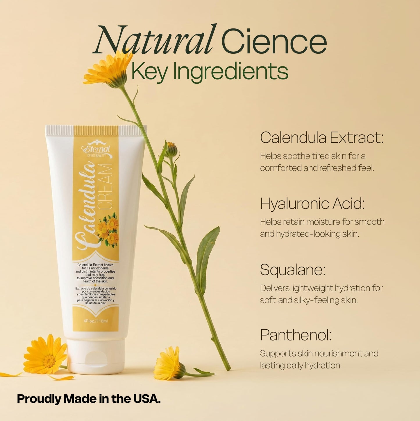 Eternal Spirit Beauty Calendula Cream - Soothing Skin Moisturizer with Calendula Officinalis Extract, Squalane & Hyaluronic Acid - Hydrating Body