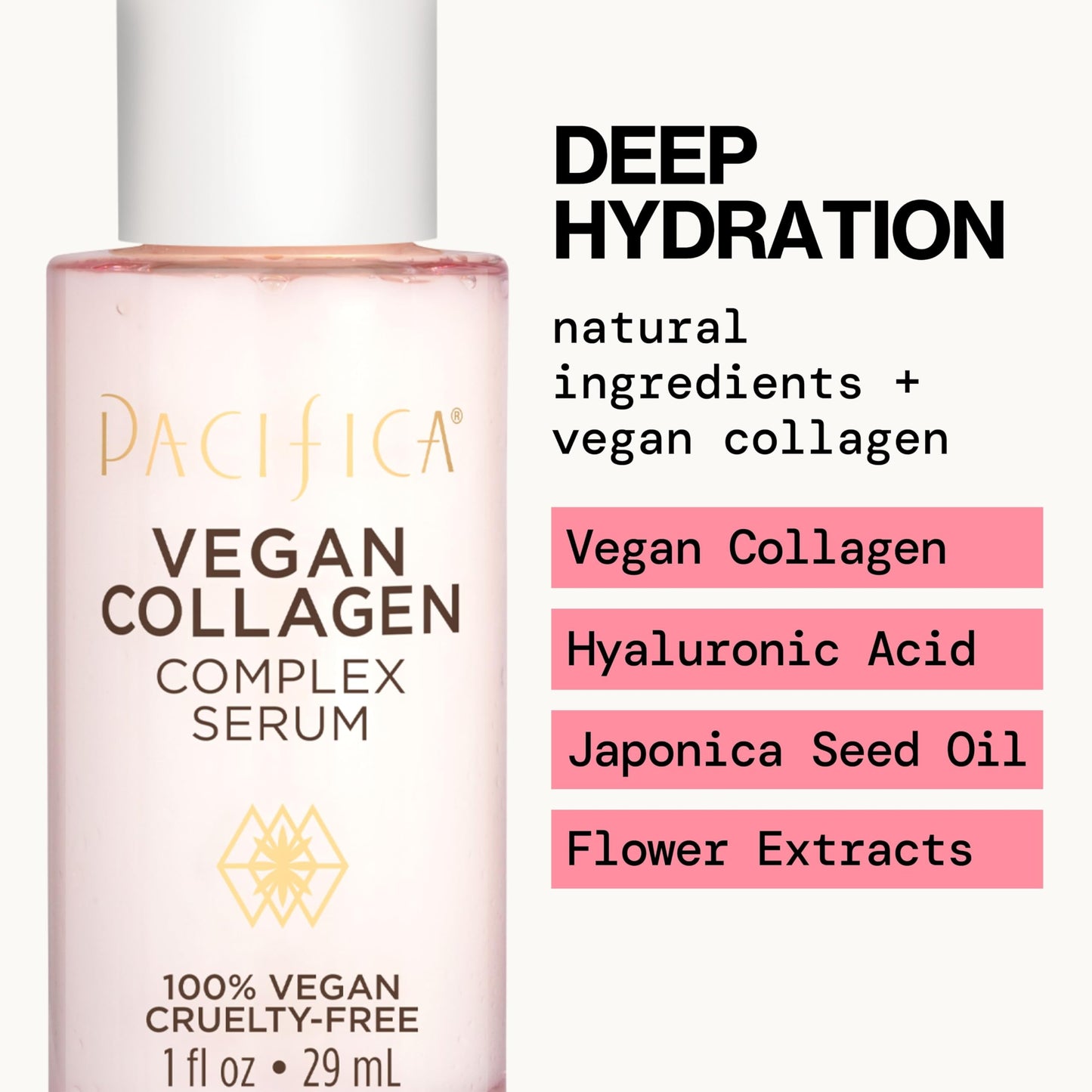 Pacifica Vegan Collagen Complex Face Serum Anti Aging Hydrating Serum w/Hyaluronic Acid for Plumping & Firming Collagen Boosting Facial Serum for Fine