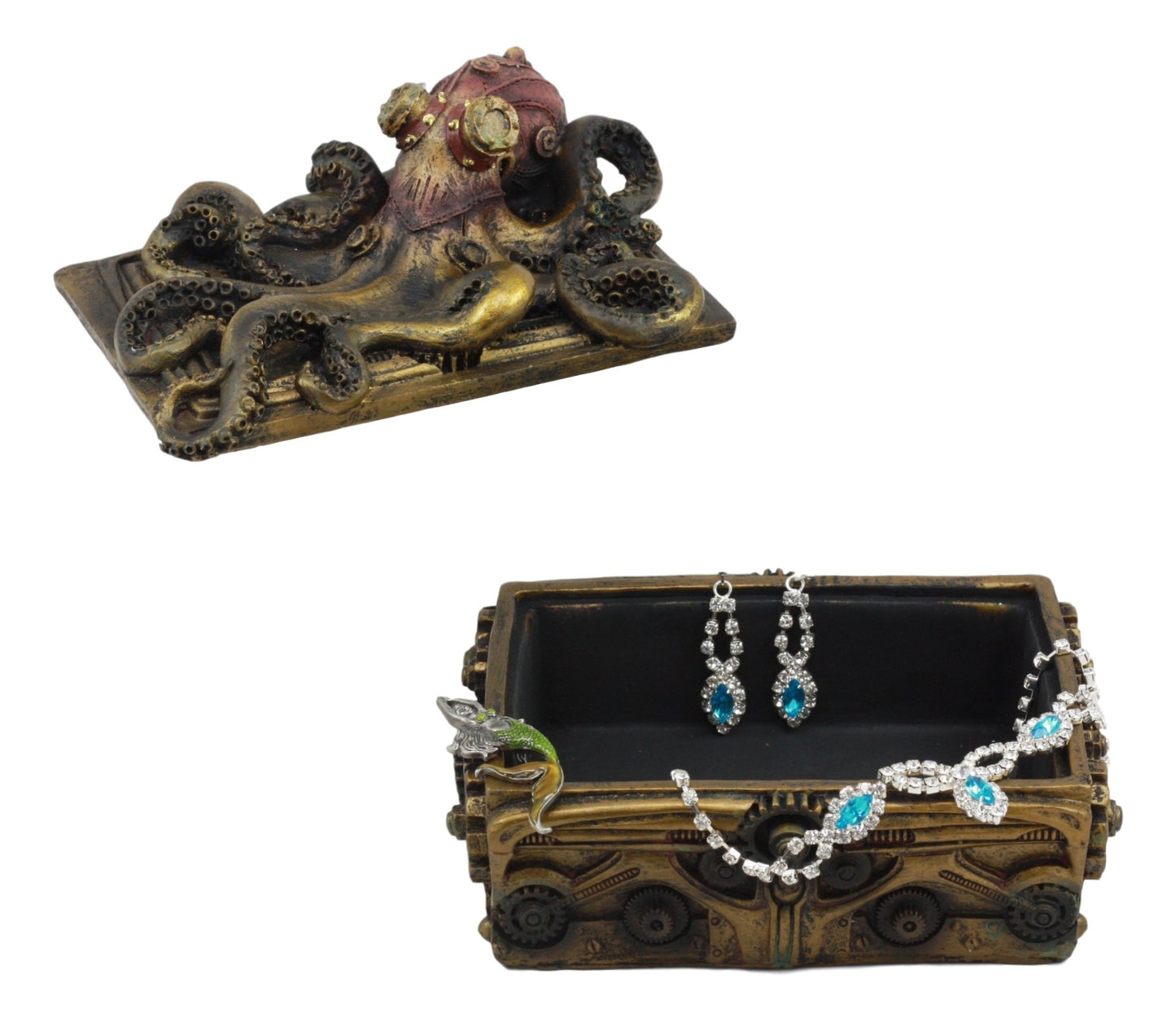 Ebros Faux Bronze Steampunk Octopus On Pirate Treasure Chest Decorative Jewelry Box Figurine Gas Mask Kraken Foot Soldier Warrior Statue