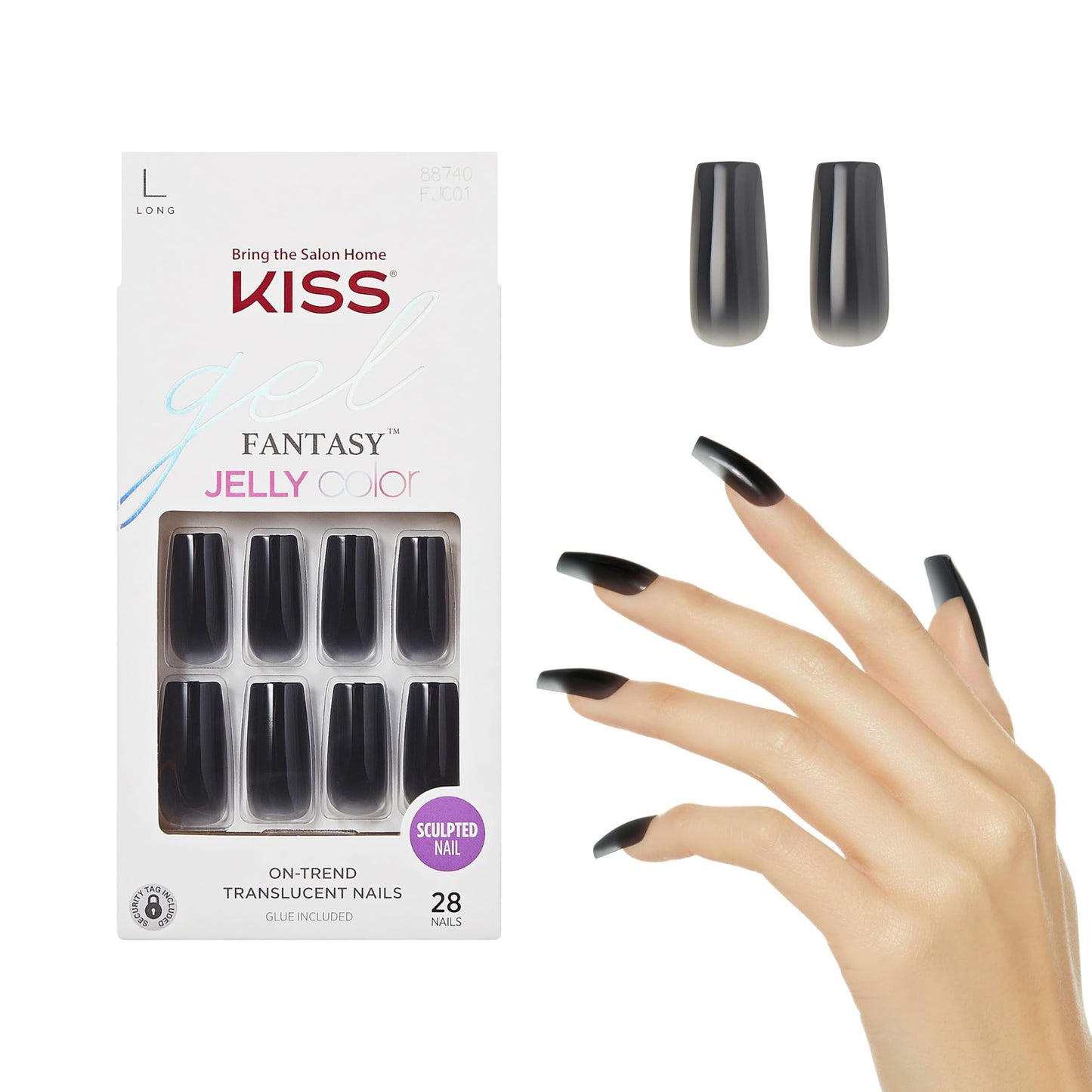 KISS Gel Fantasy Press On Nails, Nail glue included, 'Jelly Gelée', Black, Long Size, Square Shape, Includes 28 Nails, 2g glue, 1 Manicure Stick, 1