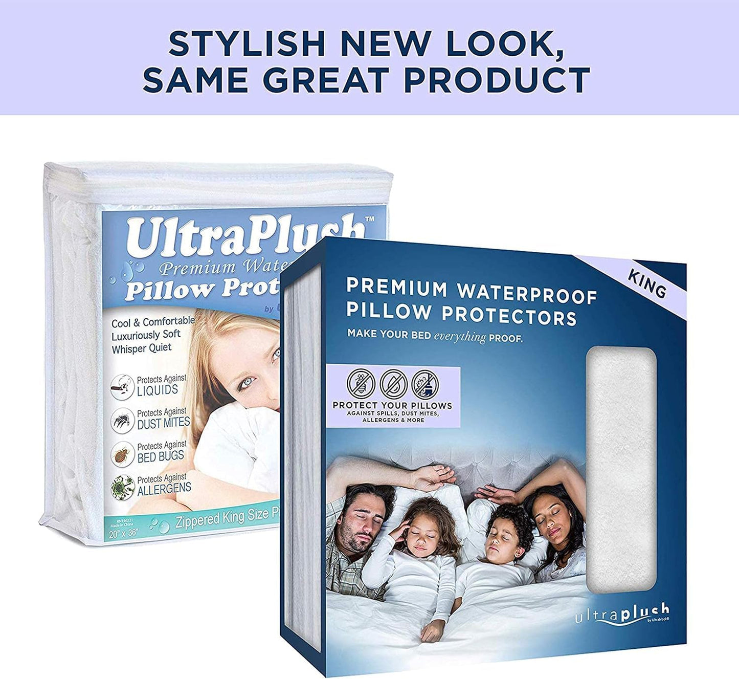 UltraBlock Ultra Plush Premium Waterproof Pillow Protector Set of 2 - Zippered Pillow Case Cover - Super Soft and Quiet Feather Proof Encasement (King