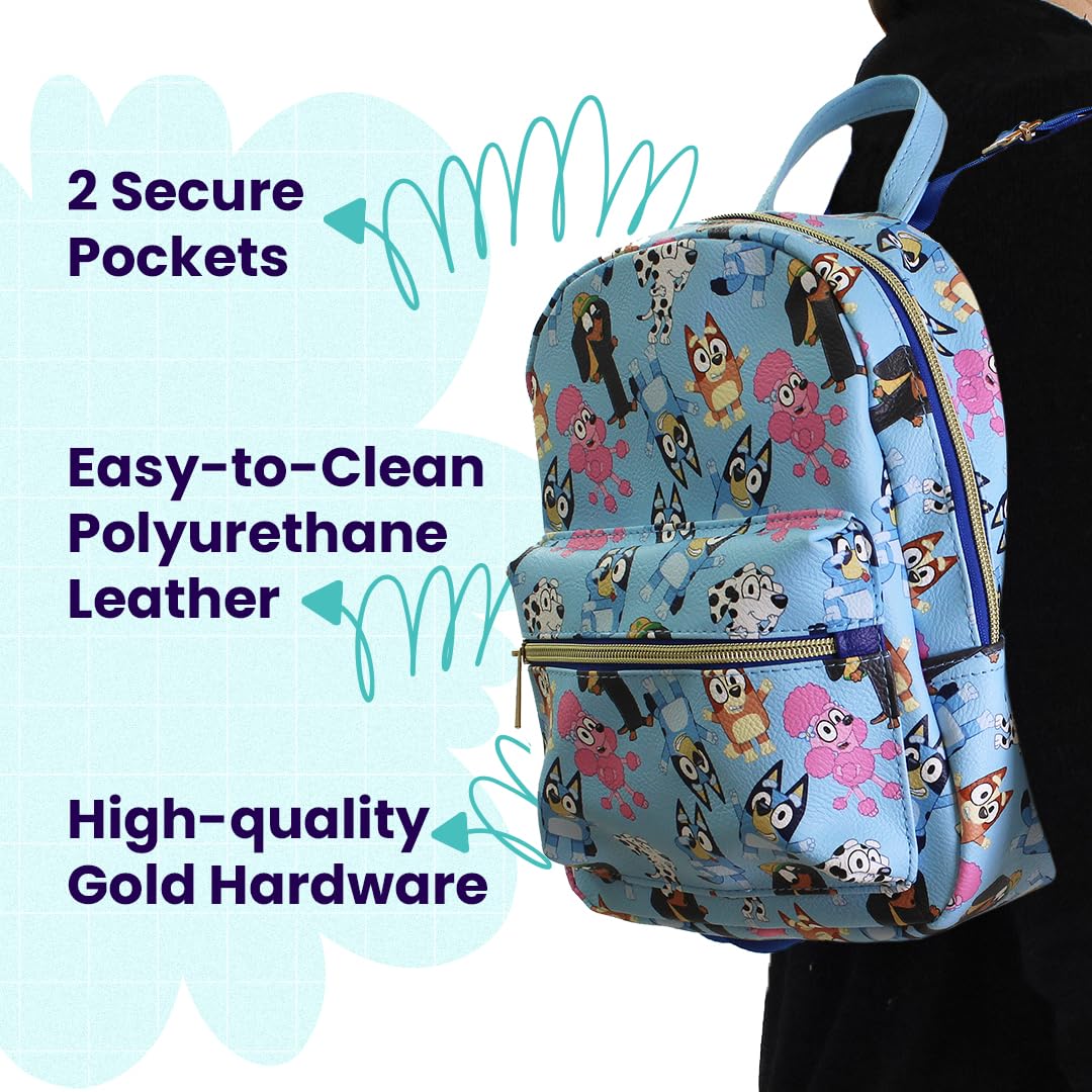Bluey and friends Mini PU Leather Backpack Purse with Adjustable Straps 10 In (Blue, One Size)