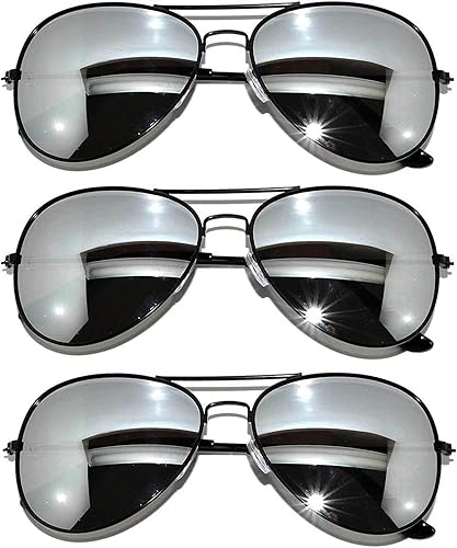 OWL 3 Pack Aviator Style Sunglasses Full Mirror Silver Lens Black Metal Frame