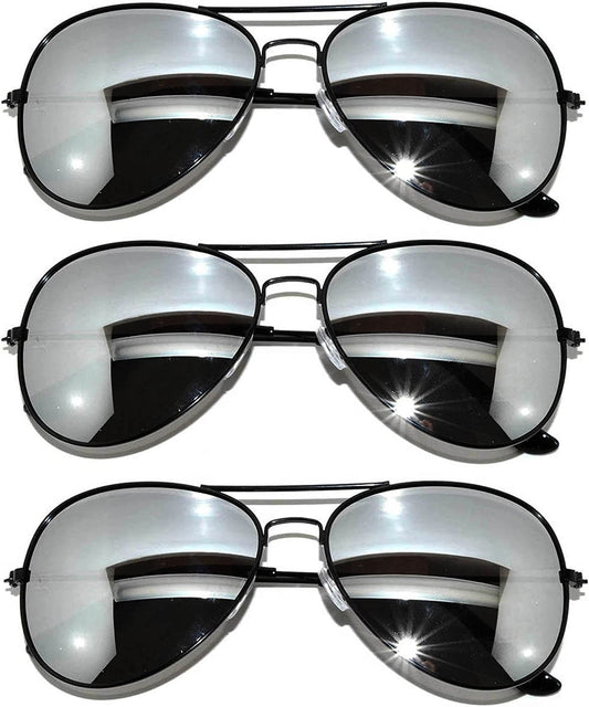 OWL 3 Pack Aviator Style Sunglasses Full Mirror Silver Lens Black Metal Frame