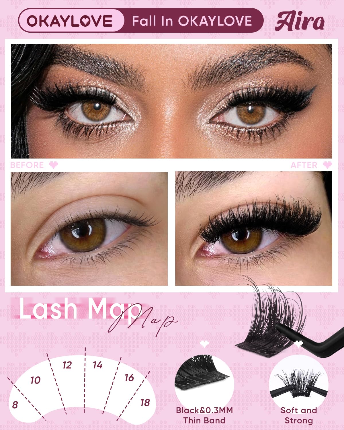 OKAYLOVE Natural Lash Clusters Kit, Bunny 8-18mm DIY Fairy Eyelash Clusters Kit with Spikes, 120pcs CC Curl Clear Band Cluster Eyelashes Extensions Beauty and Personal Care OKAYLOVE