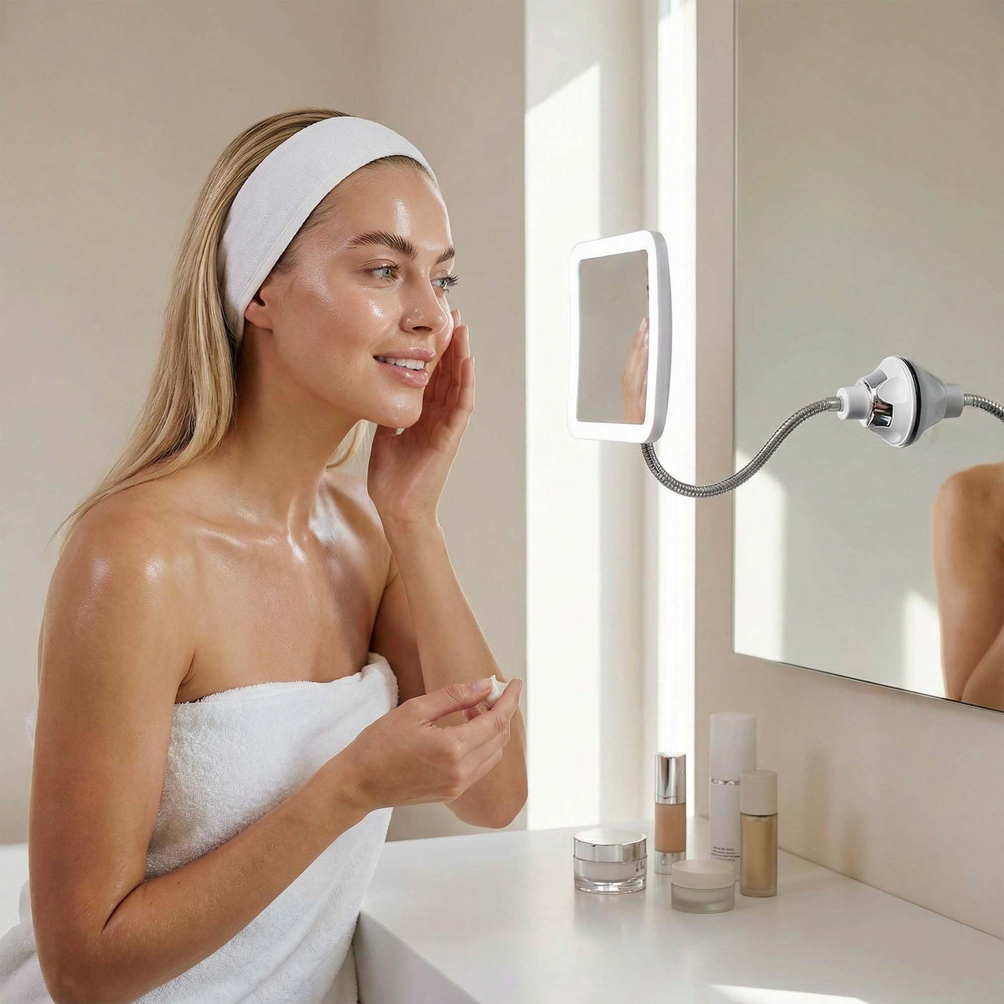 Fancii Flexible Magnifying Mirror 10X with LED Light and Gooseneck, Lighted Travel Makeup Mirror, Lock Suction, Natural Daylight LED, Cordless