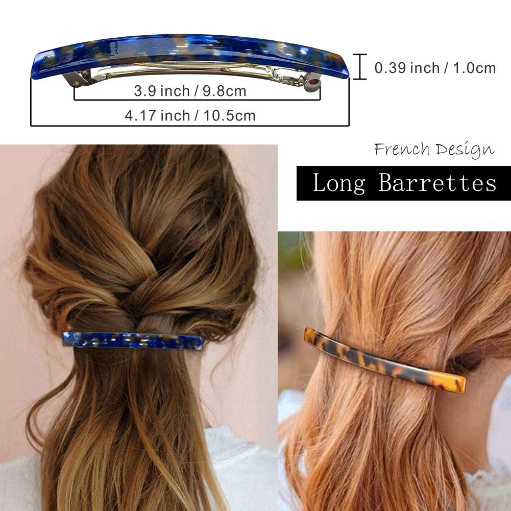 HYFEEL Long French Barrettes for Women Simple Classic Acrylic Resin Hair Clips Tortoise Shell Skinny Large 4 inch No-slip Grip Automatic Clasp Clamp