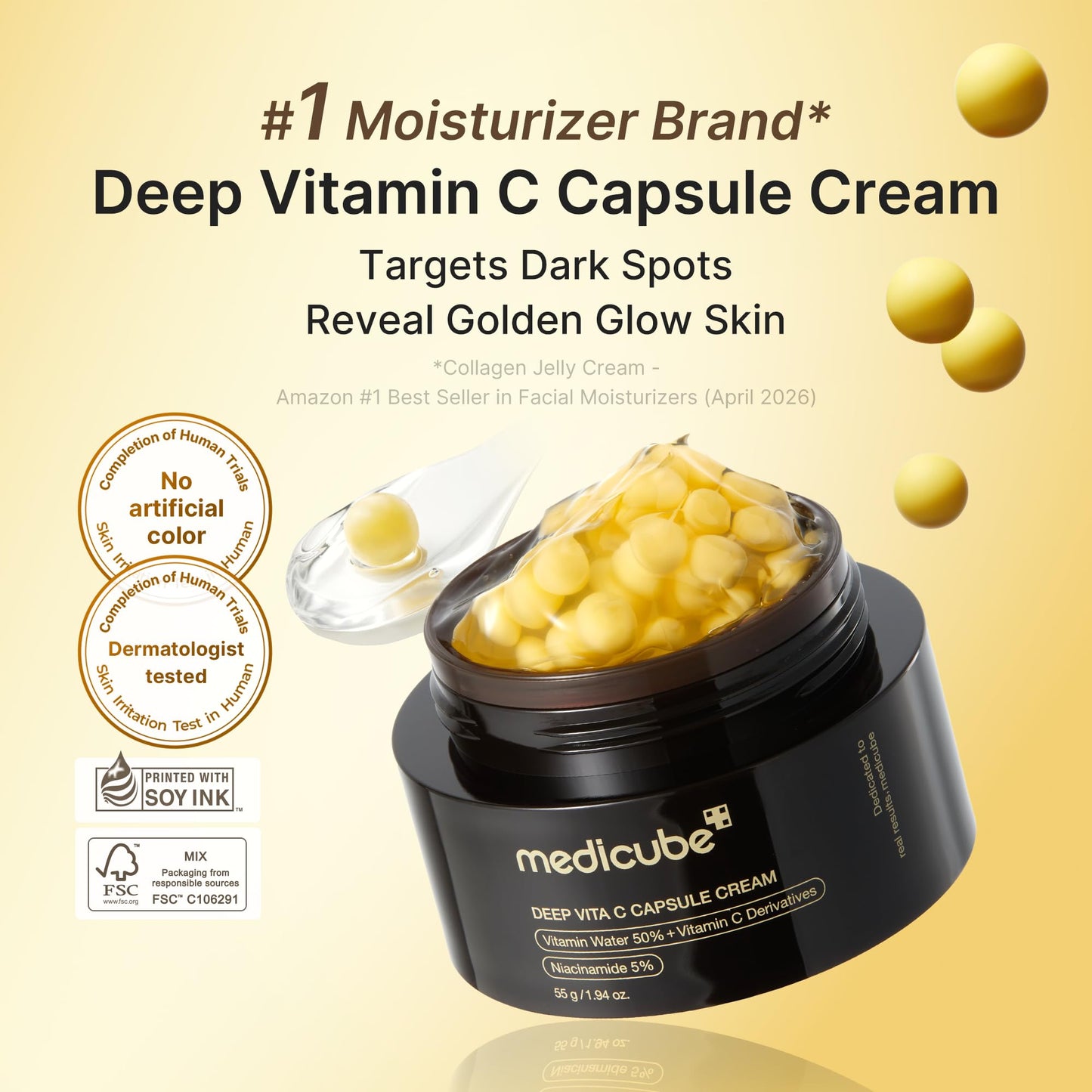 medicube Capsule Cream with Deep Vitamin C | Liposome Vitamin C Golden Capsule for Radiance & Firm-Looking Skin | Hydrating Glow Gel Texture | Korean Beauty and Personal Care medicube