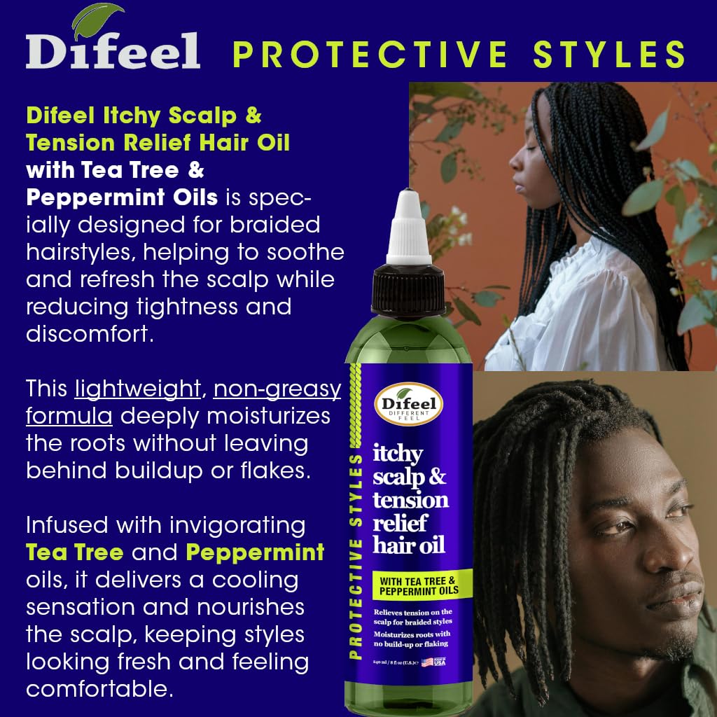 Difeel Itchy Scalp & Tension Relief Hair Oil with Tea Tree & Peppermint Oils for Braided Styles 8 oz.