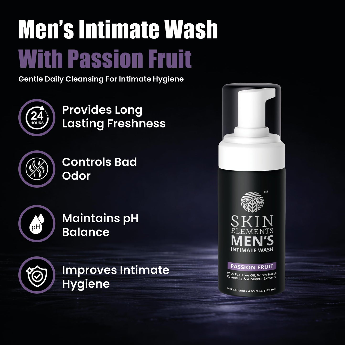 Skin Elements Intimate Wash for Men with Passion Fruit (4.05 Fl Oz) | pH Balanced Foaming Intimate Wash | Prevents Itching, Irritation & Bad Odor |