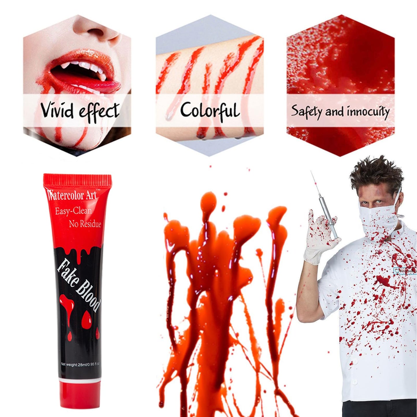 Halloween Fake Blood Washable, Halloween Blood Splatter Realistic Effect Sticky Blood for Clothes, Zombie Bride, Clown, Vampire and Monster, Halloween