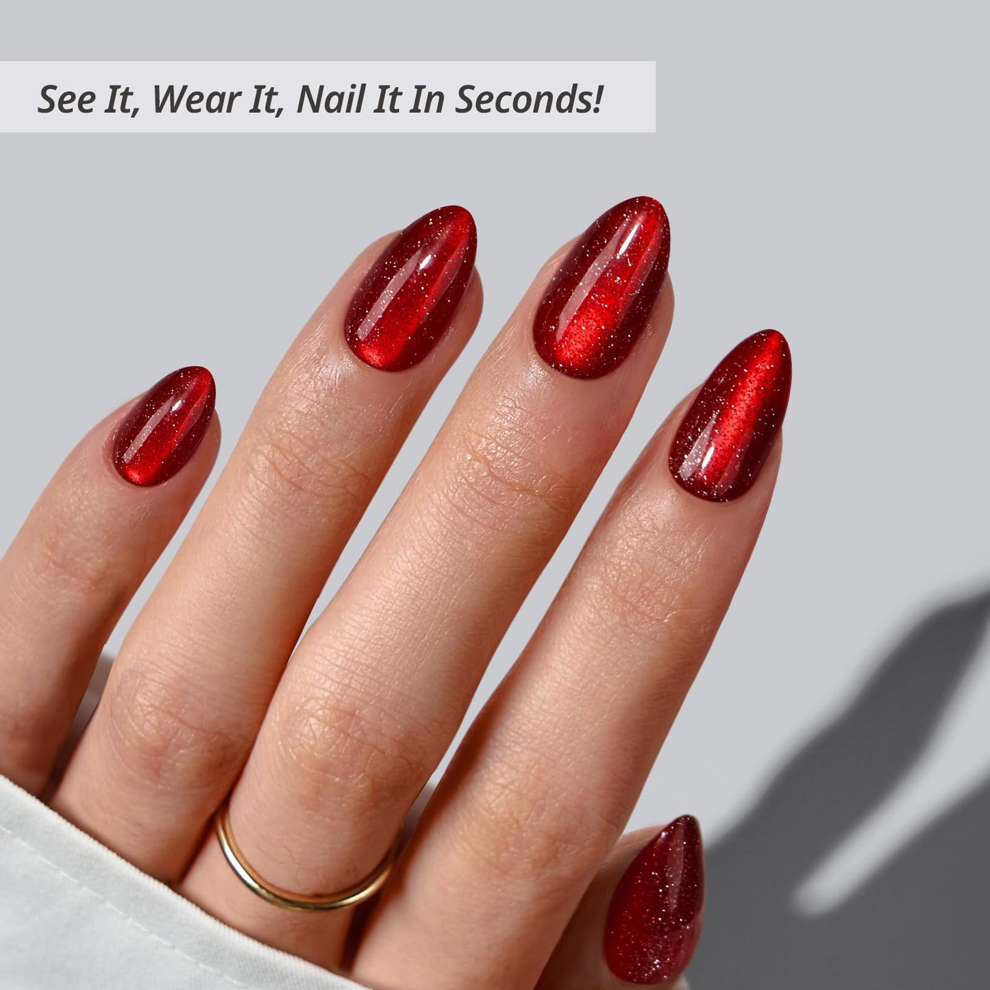 BTArtbox Press On Nails, New Red, Short Almond, Red Cat Eye Sparkle, 32Ct Beauty and Personal Care BTArtbox
