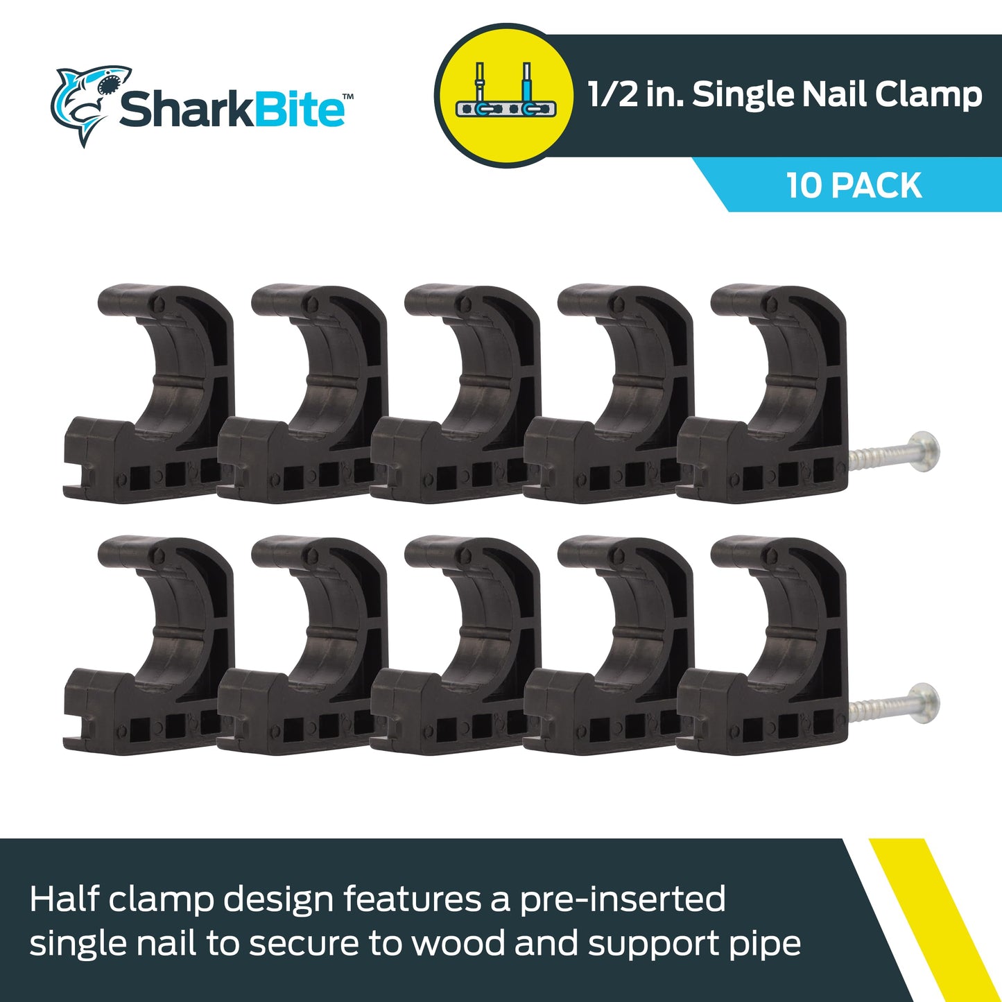 SharkBite 1/2 Inch Single Nail Half Clamp, J Hooks, Pack of 10, PEX Pipe, CTS, 23220