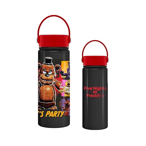 Silver Buffalo Five Nights at Freddy's “Let’s Party” Stainless Steel Water Bottle with Swivel Handle Featuring Freddy Fazbear, Chica, Bonnie