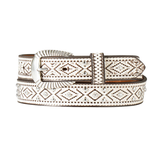 ARIAT Women's Southwest Stud Accented Leather Belt, White, Small