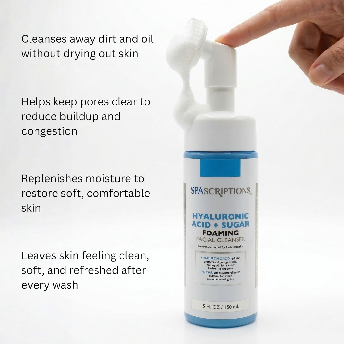 SpaScriptions 2 in 1 Cleanse & Exfoliate Foaming Facial Cleanser - Hydrating Hyaluronic Acid Face Wash with Sugar for Dry Skin with Soft Silicone