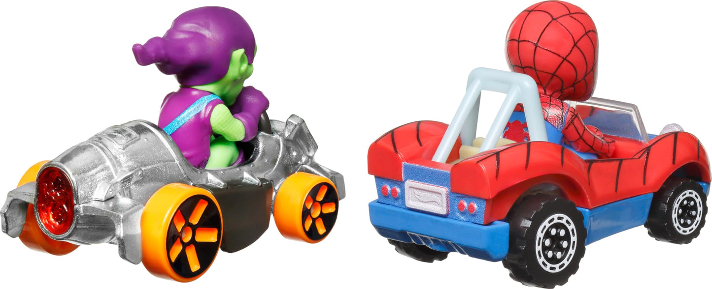 Hot Wheels RacerVerse Toy Cars 2-Pack, Set of 2 Die-Cast Vehicles with Character Driver, Optimized for Track Performance : Spider Man & Green Goblin