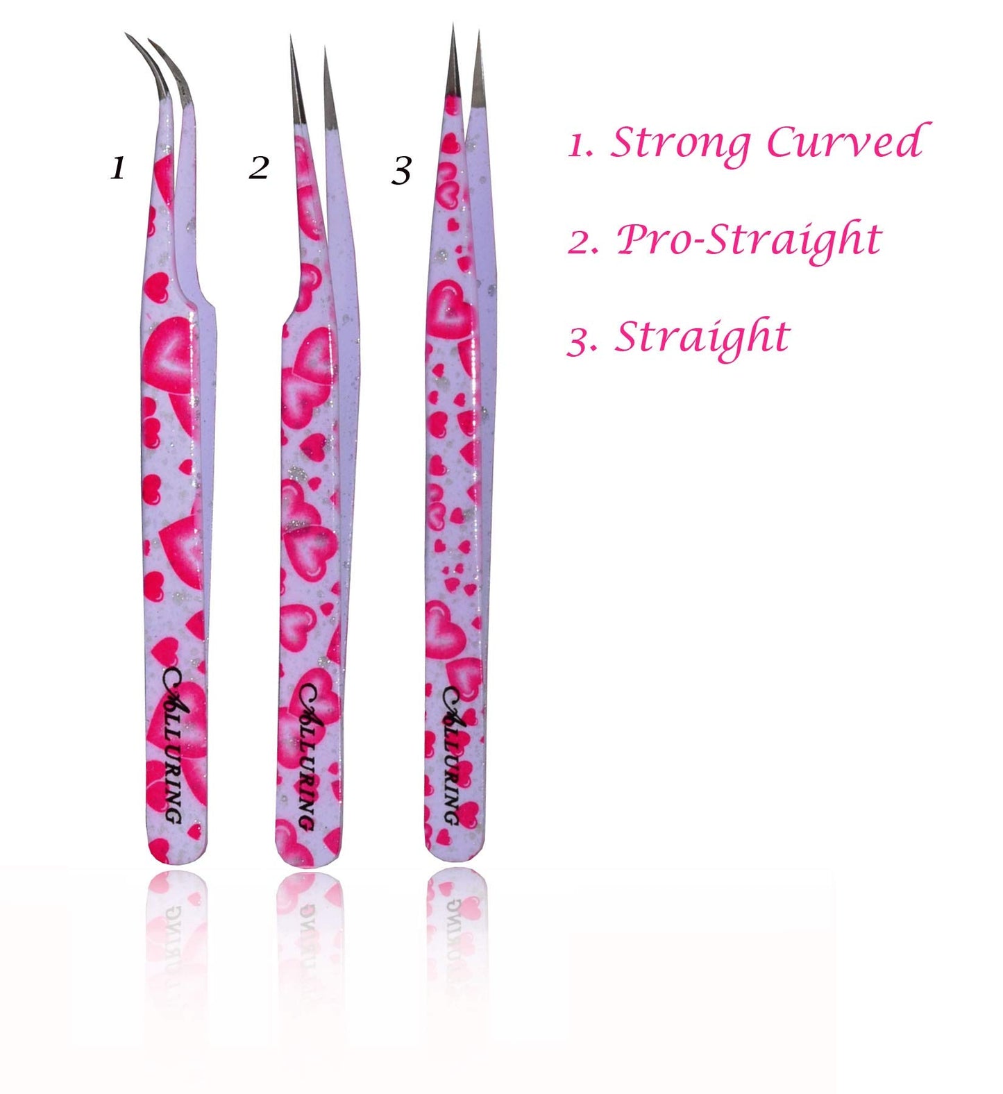 Alluring Pink Heart Tweezers for Eyelash Extensions - Strong Curved, Straight (pair) Beauty and Personal Care Alluring