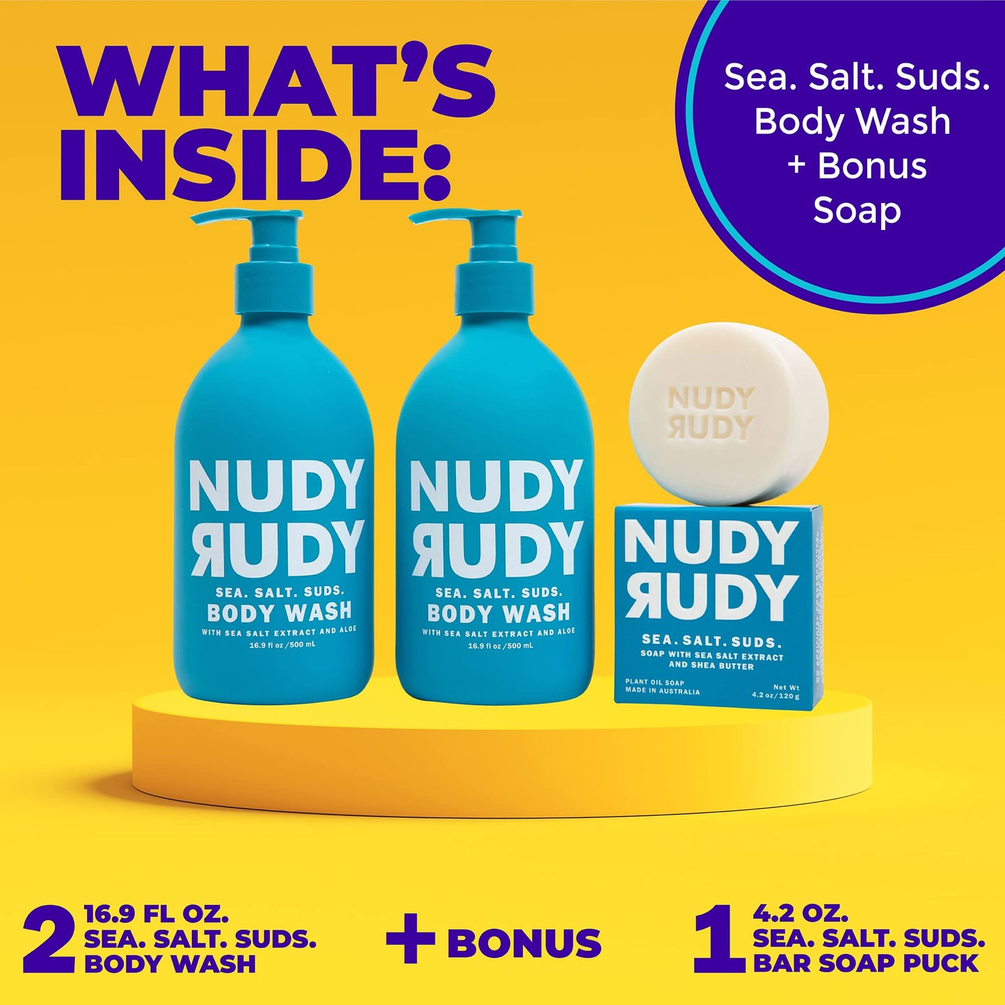 Nudy Rudy Sea Salt Suds 2 Pack, Liquid Body Wash Bundle, Aloe Vera and Vitamin E, Moisturizing Shower Gel for Men and Women 16.9 fl oz and 4.2 oz