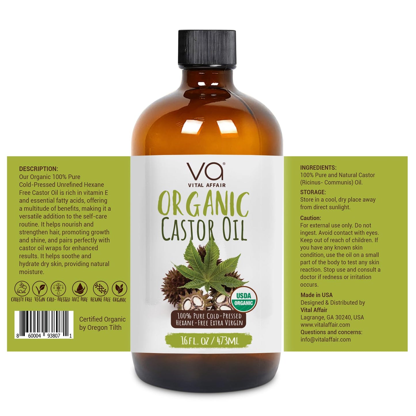 VITAL AFFAIR Pure Castor Oil Organic Cold Pressed Unrefined Glass Bottle-USDA Certified for Castor Oil Pack Wrap for Face,Hair
