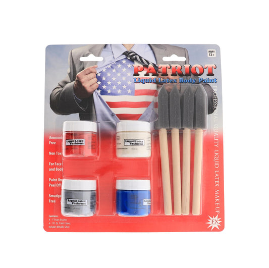 Liquid Latex Patriot Set Four 1-Ounce Bottles - Red, White, Blue & Silver + 4 Brushes, Body Paint Kit for Festivals, Costumes, & Creative FX