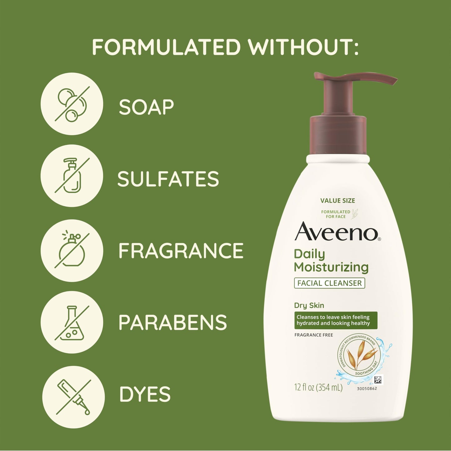 Aveeno Daily Moisturizing Facial Cleanser 12 oz – Gentle Face Wash with Soothing Oat for Dry Skin, Removes Dirt, Oil & Impurities, Fragrance-Free